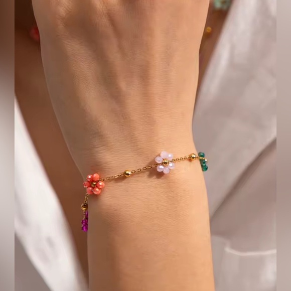 18K Gold Bohemian Beaded Flower Chain Bracelet Colorful Minimalist No Fade - Picture 6 of 9